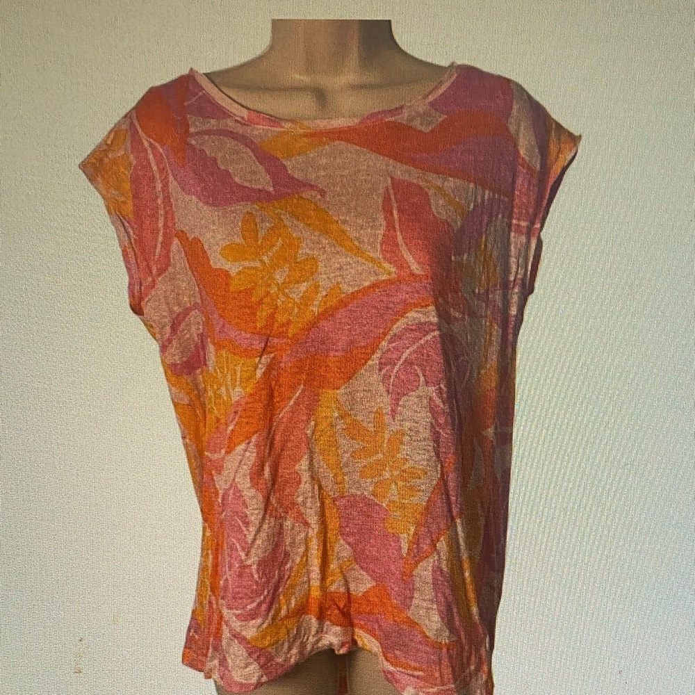 Women's Pink Orange Floral Cap-Sleeve Top